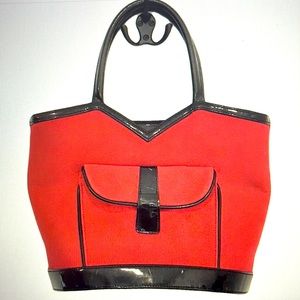 Vintage Lulu Guinness Cherry Red Canvas Fabric & Black Patent Small Tote Bag